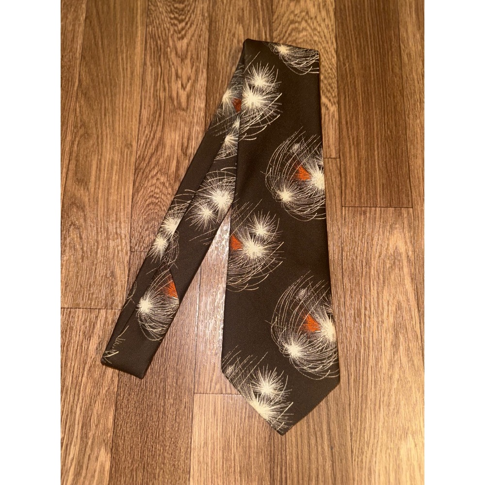 Christian Dior Cravates Vintage Mens Tie Brown Abstract Burst Dandelion Pattern
